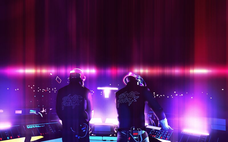 Two DJs on Stage — Purple, Energetic