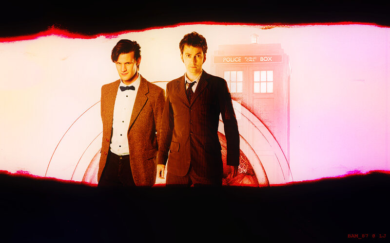 Two doctors stand before a TARDIS