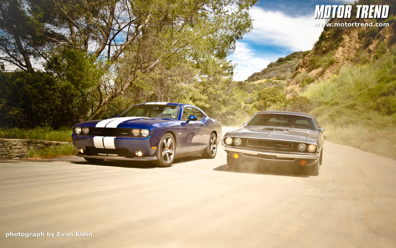 Two Dodge Challengers — Blue