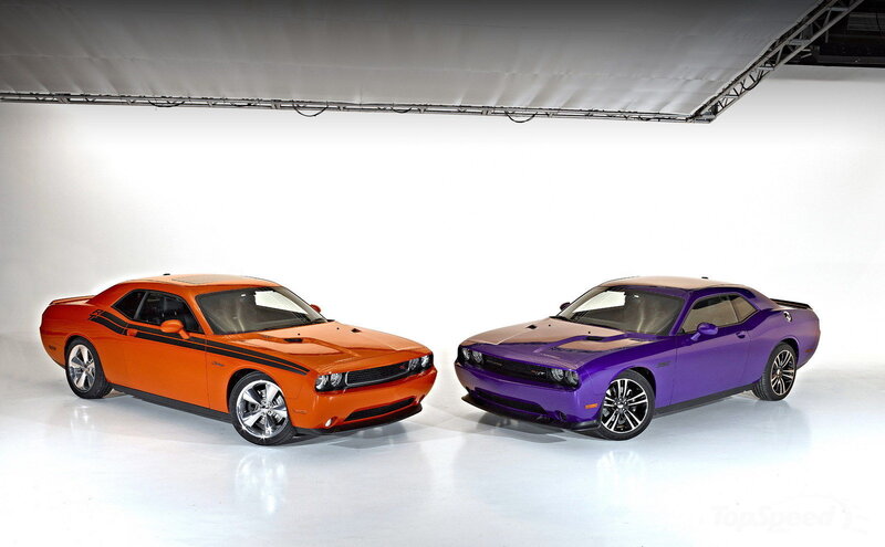 Two Dodge Challengers — Orange