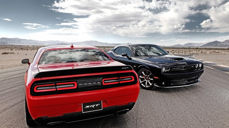 Two Dodge Challengers — Red, Dramatic