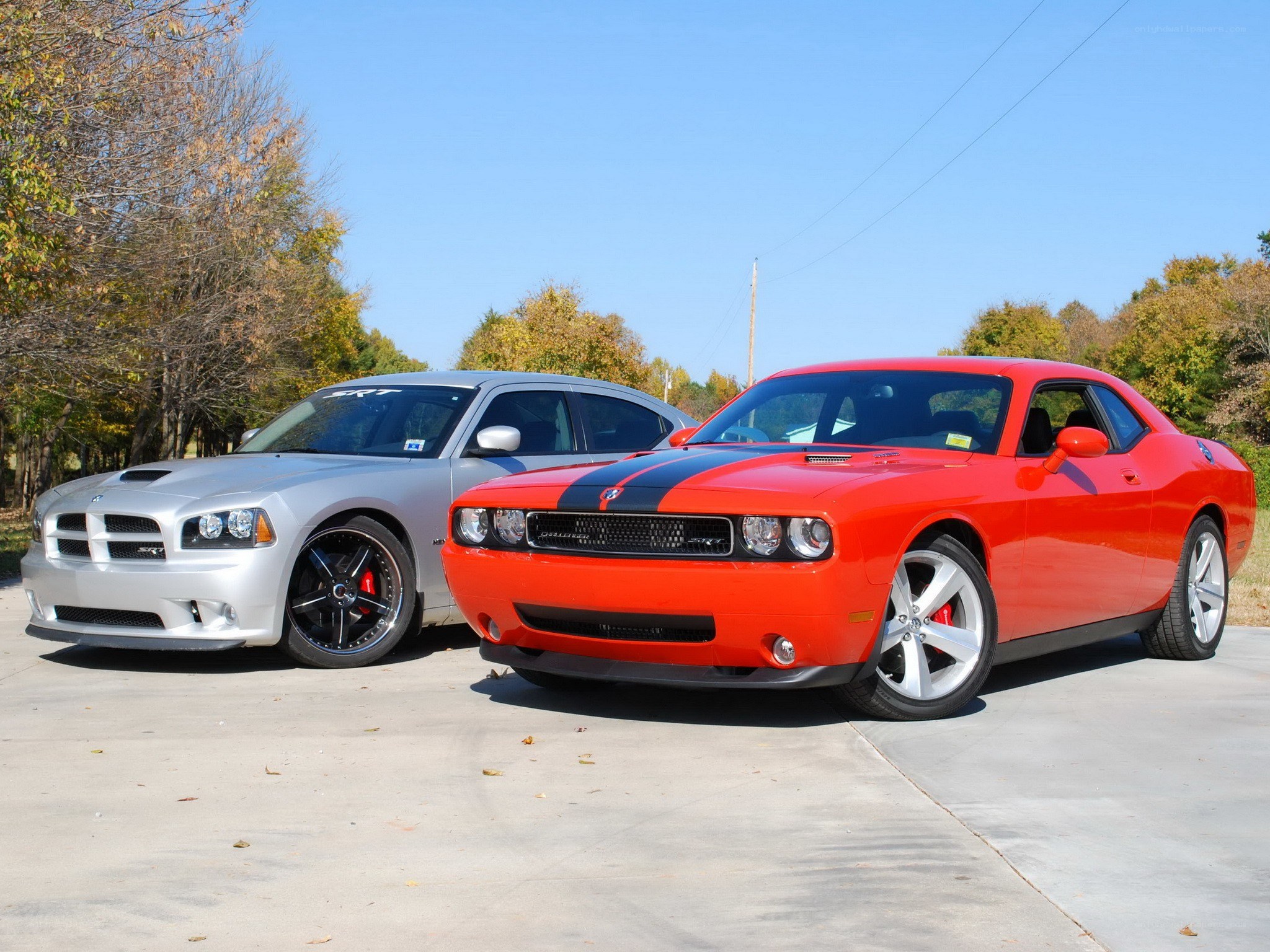Two Dodge muscle cars parked