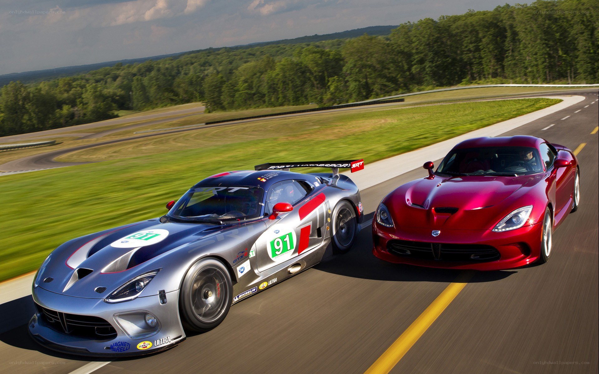 Two Dodge Vipers on a racetrack