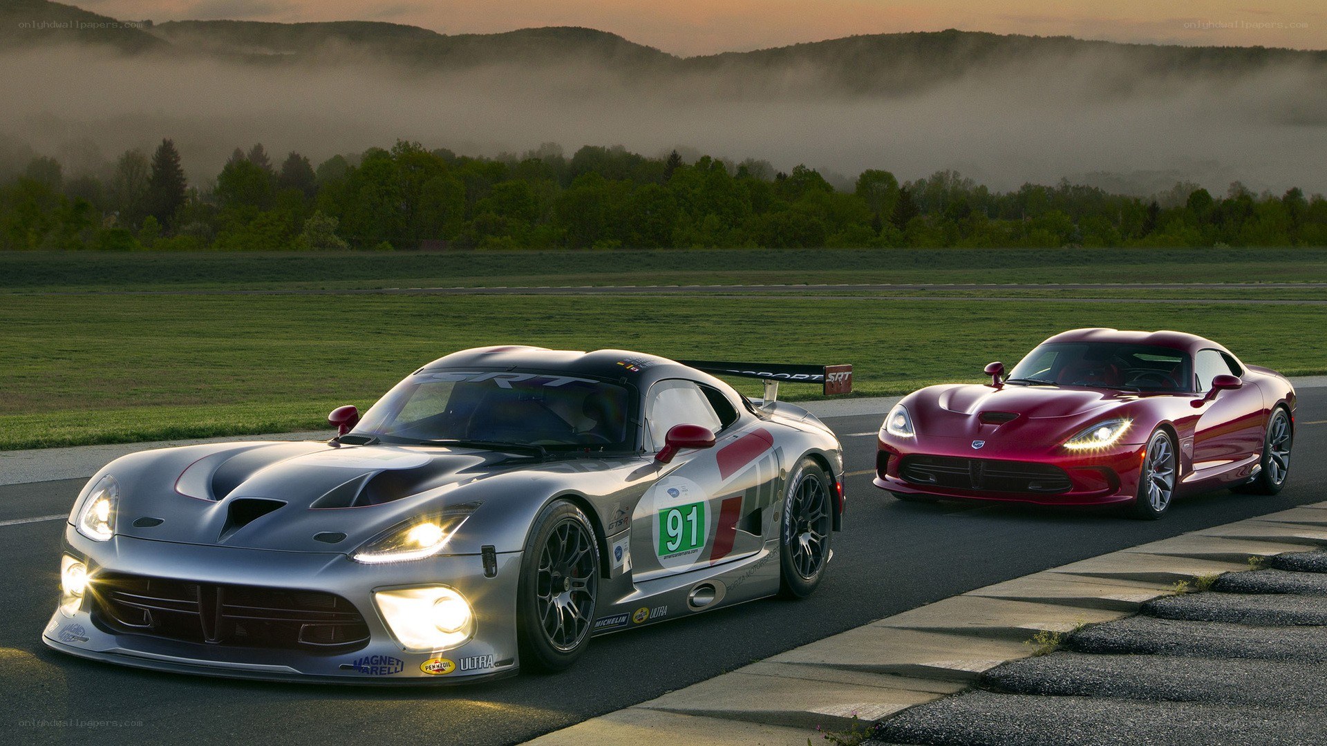 Two Dodge Vipers on a racetrack
