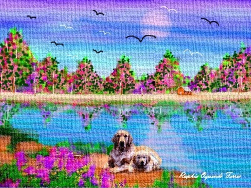 Two Dogs by Lake