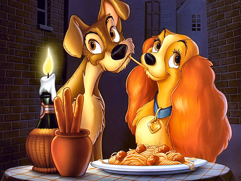 Two Dogs Eating Spaghetti