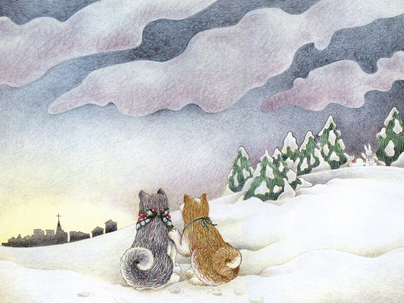 Two Dogs in Snow — White, Serene