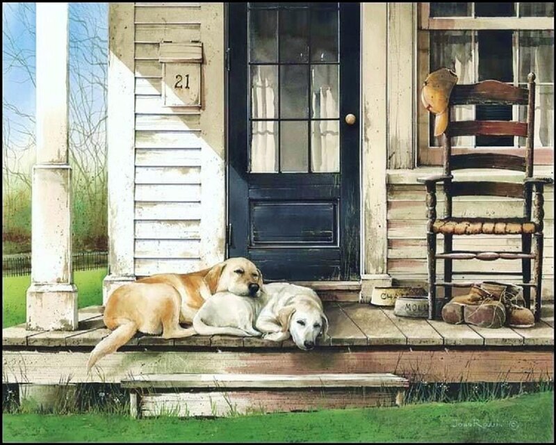 Two Dogs on Porch — Green