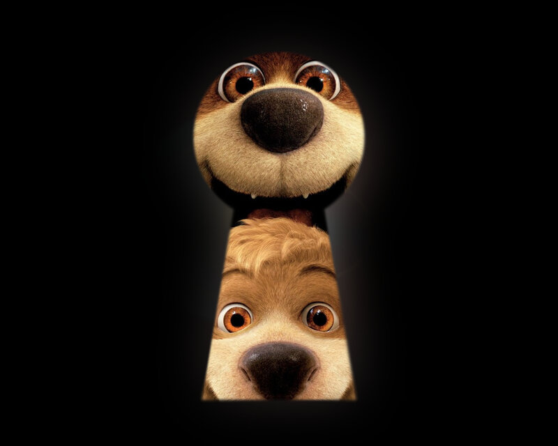 two dogs peeking through a keyhole