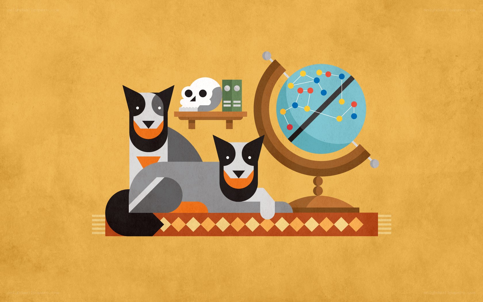 Two dogs with globe and skull
