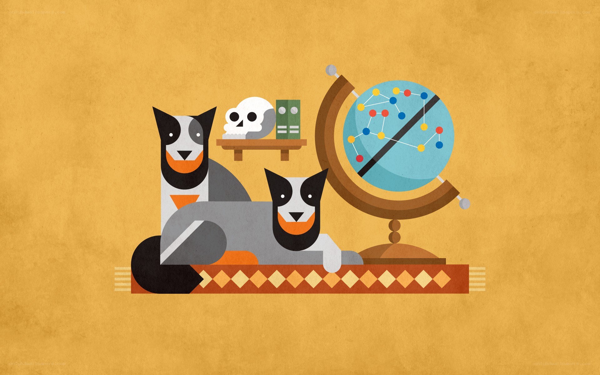two dogs with globe and skull