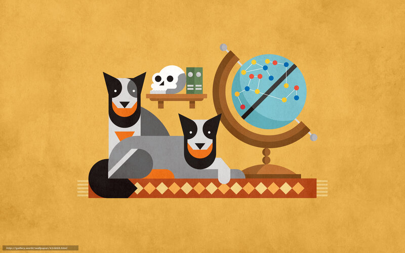 Two dogs with globe and skull
