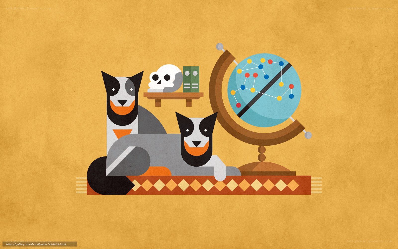 Two dogs with globe and skull