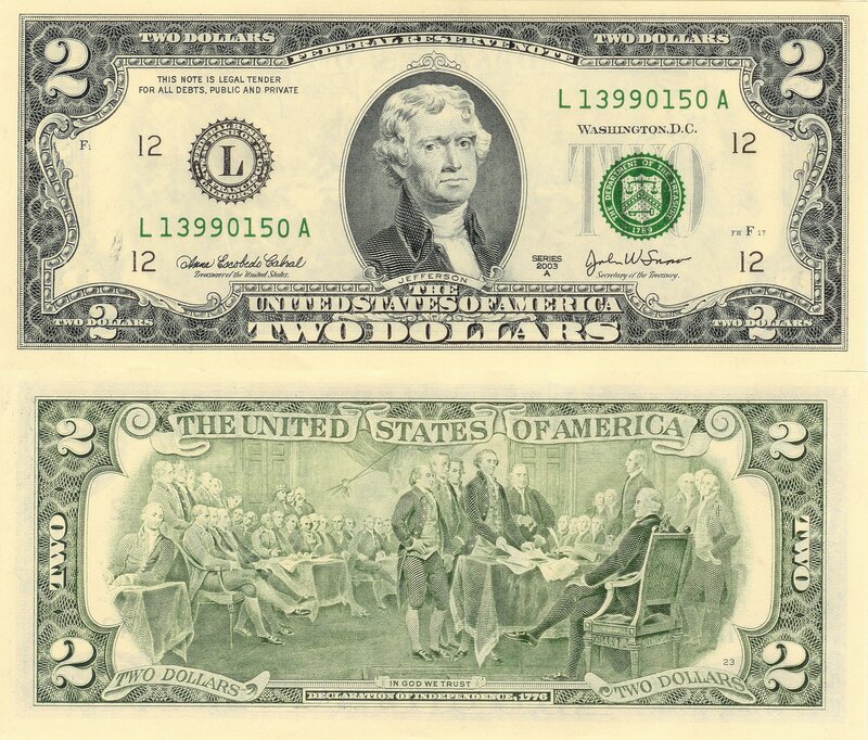 Two Dollar Bill Front and Back