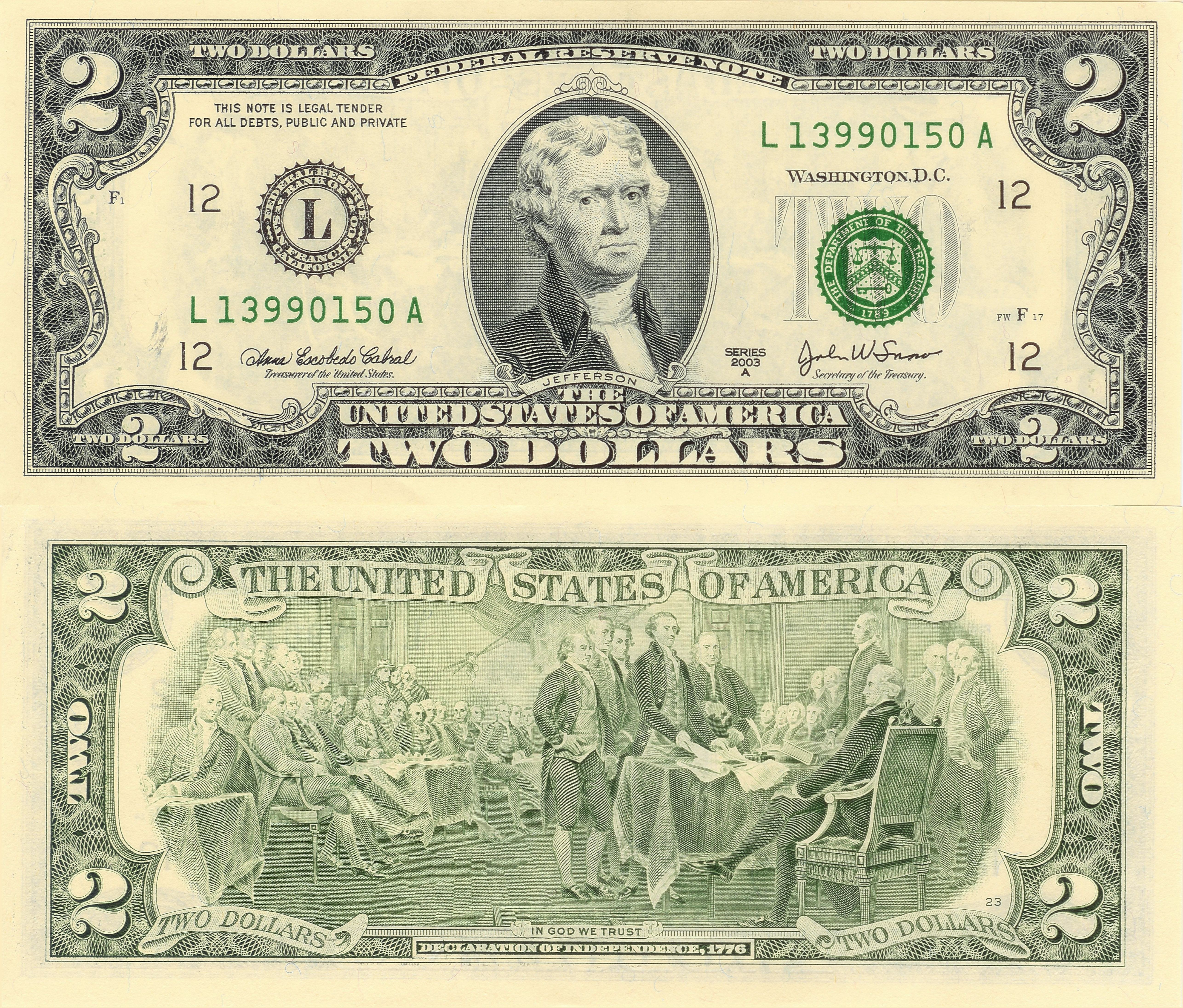 Two Dollar Bill Front and Back