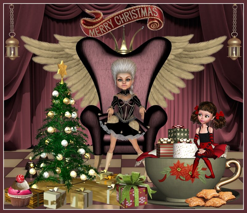 Two Dolls in a Christmas Scene