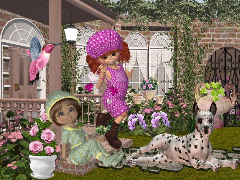 Two Dolls in Garden