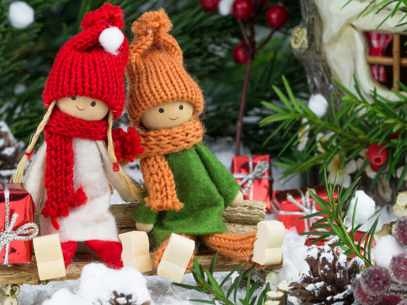 Two Dolls on a Sled — Red, Festive