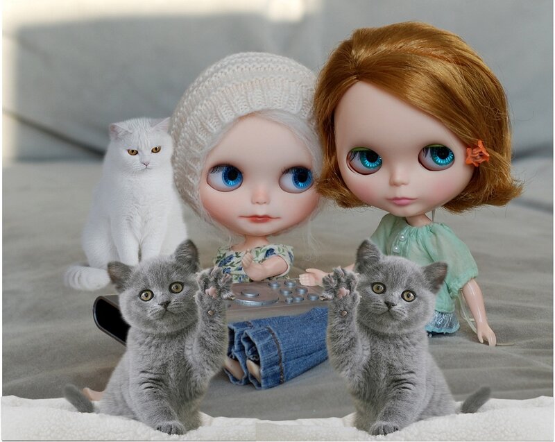 Two Dolls with Cats — Gray
