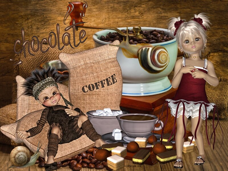 Two Dolls with Coffee and Chocolate
