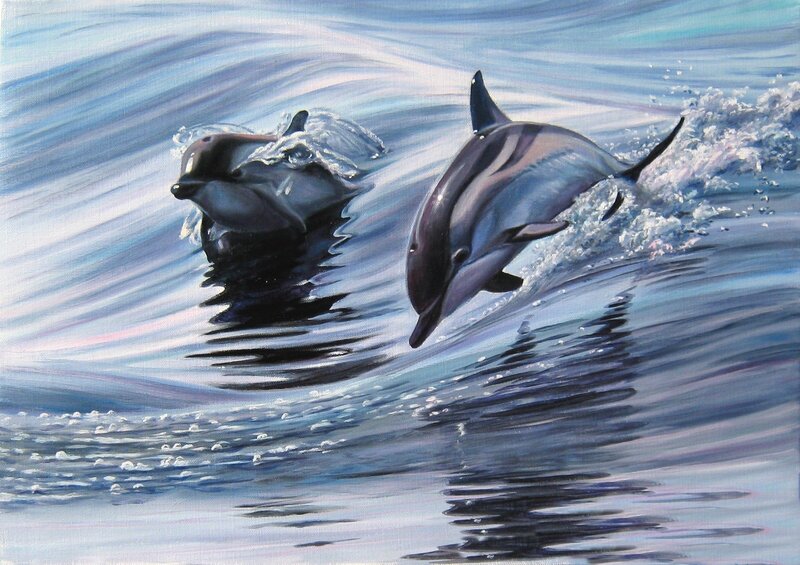 Two Dolphins in Water — Blue, Dynamic, Painting