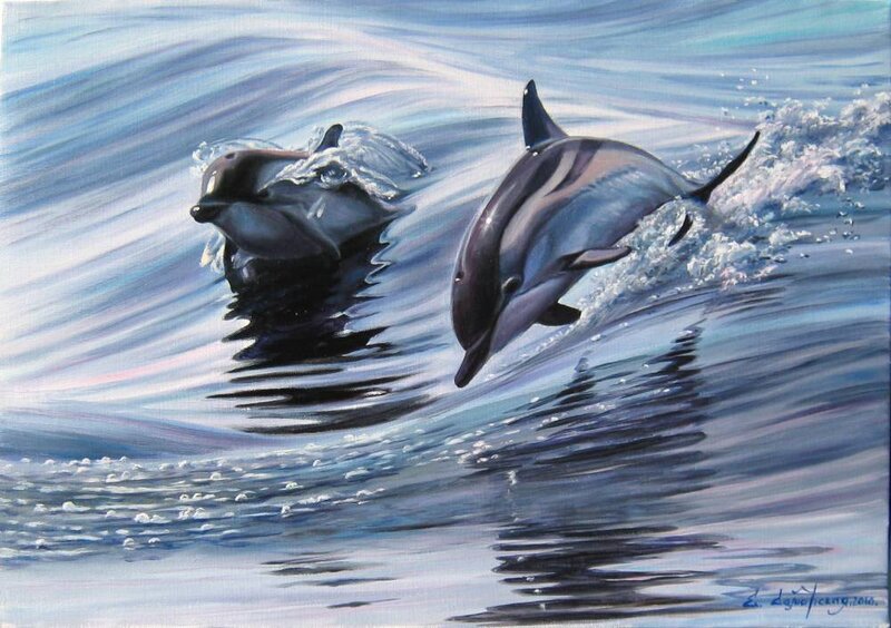 Two Dolphins in Water — Blue, Dynamic