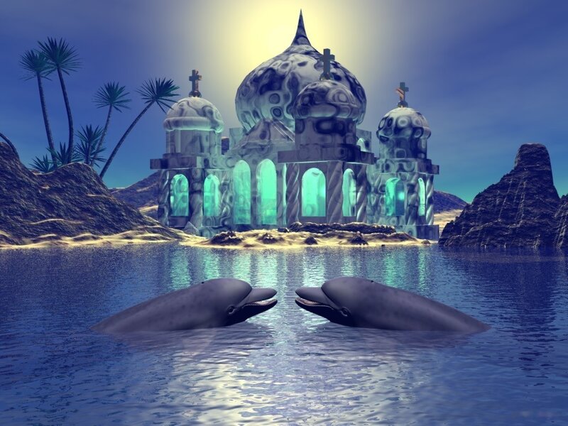 Two Dolphins in Water — Blue, Serene, Night, 3d Render
