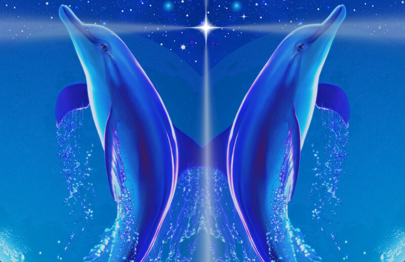 Two Dolphins in Water — Blue, Serene, Night, Digital Art