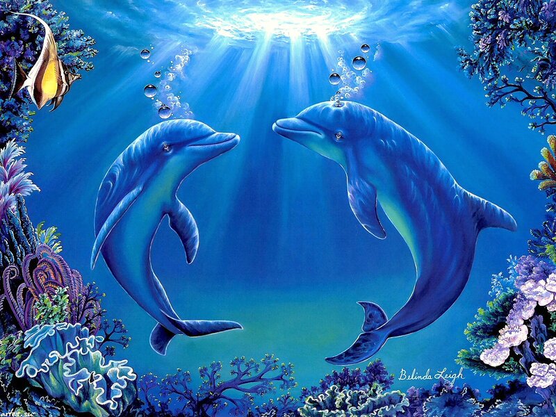 Two Dolphins in Water — Blue, Serene, Painting