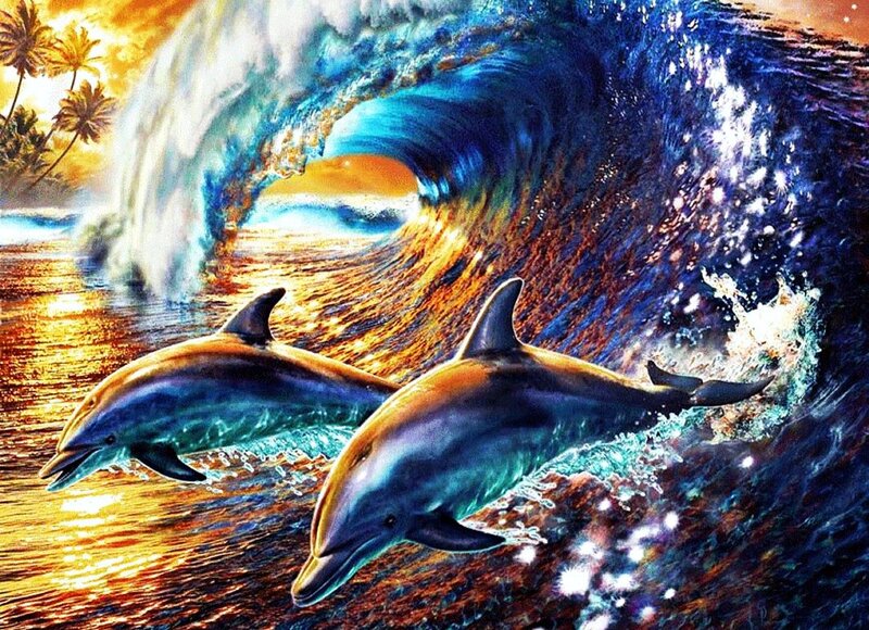 Two Dolphins in Wave — Blue