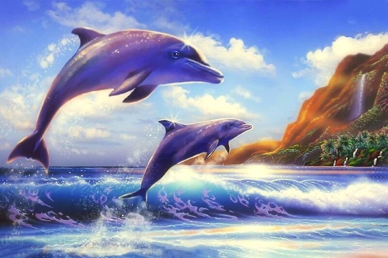 Two Dolphins Jumping — Blue, Serene, Afternoon, Digital Art, Ocean