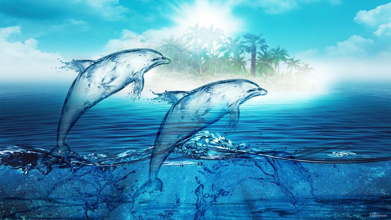 Two Dolphins Jumping — Blue, Serene, Afternoon, Digital Art