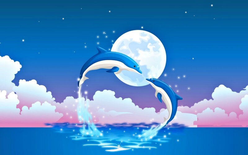 Two Dolphins Jumping — Blue, Serene, Night, Digital Art