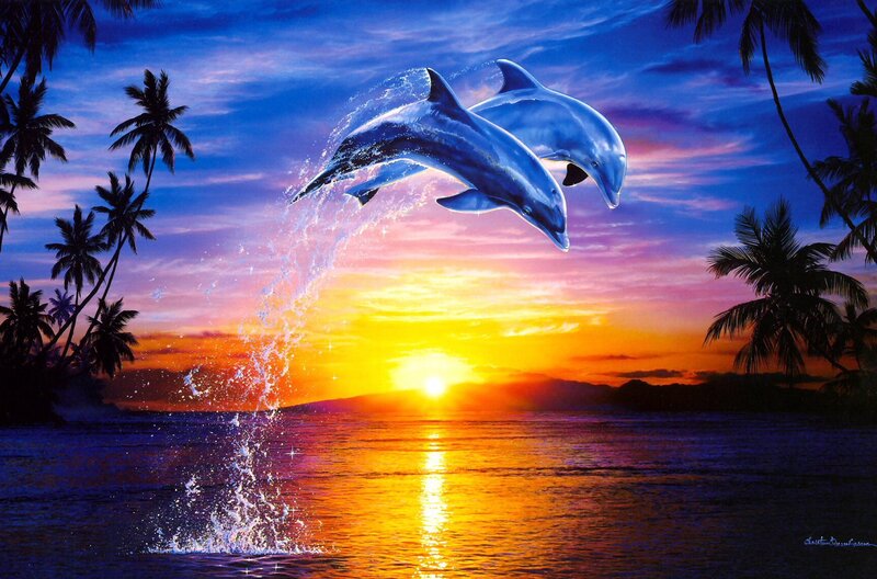 Two Dolphins Jumping — Blue, Serene, Sunset, Digital Art