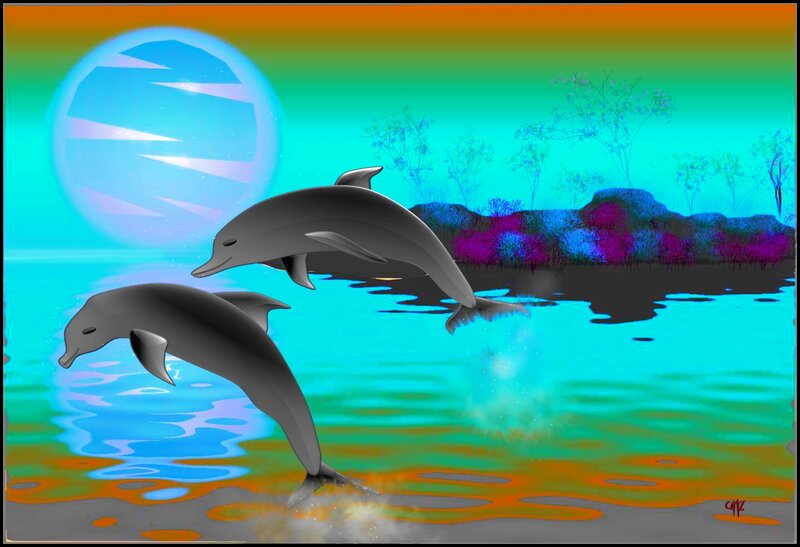Two Dolphins Jumping — Cyan