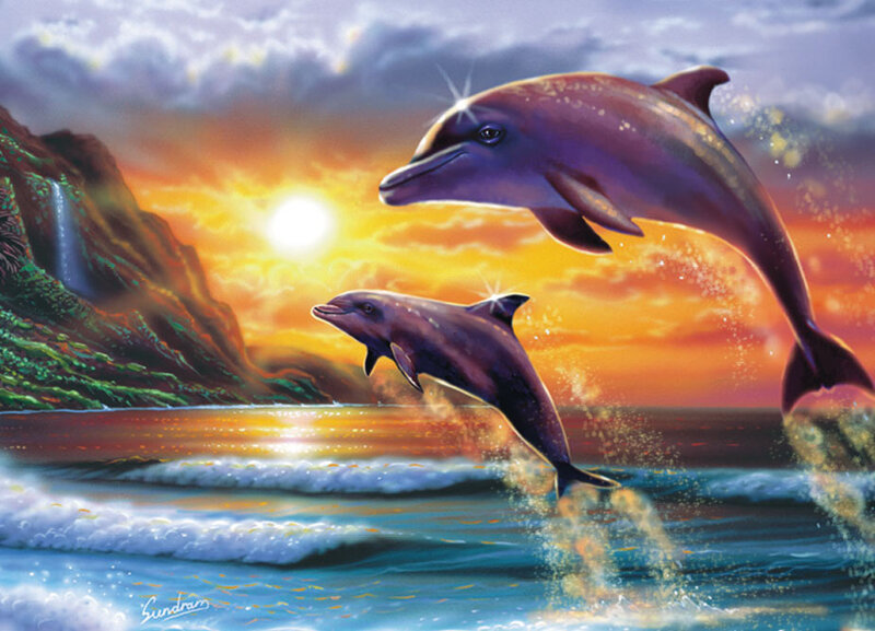 Two Dolphins Jumping — Orange, Dramatic, Sunset, Digital Art