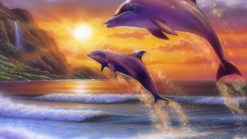 Two Dolphins Jumping — Orange, Serene, Sunset, Digital Art