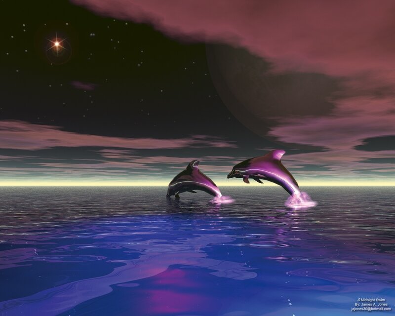 Two Dolphins Jumping — Purple, Serene