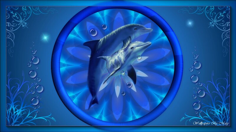 Two Dolphins Swimming — Blue, Serene, Digital Art, Bubbles, Floral Pattern