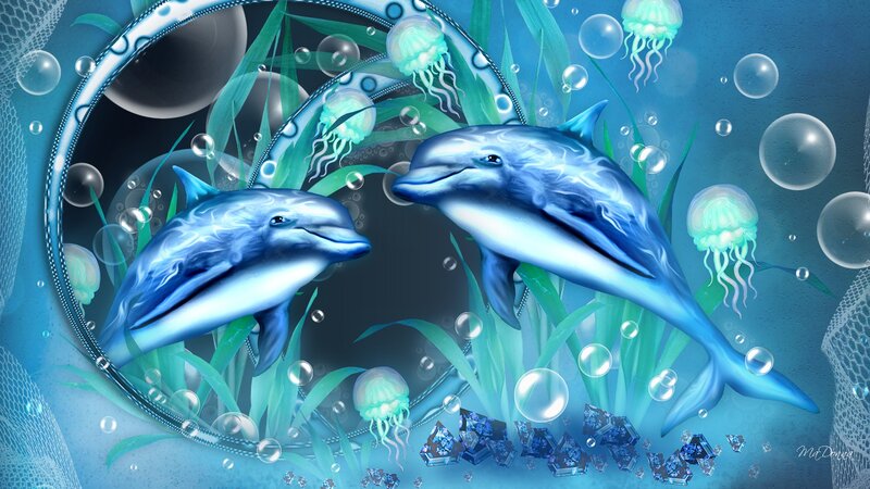 Two Dolphins Swimming — Blue, Serene, Digital Art, Jellyfish