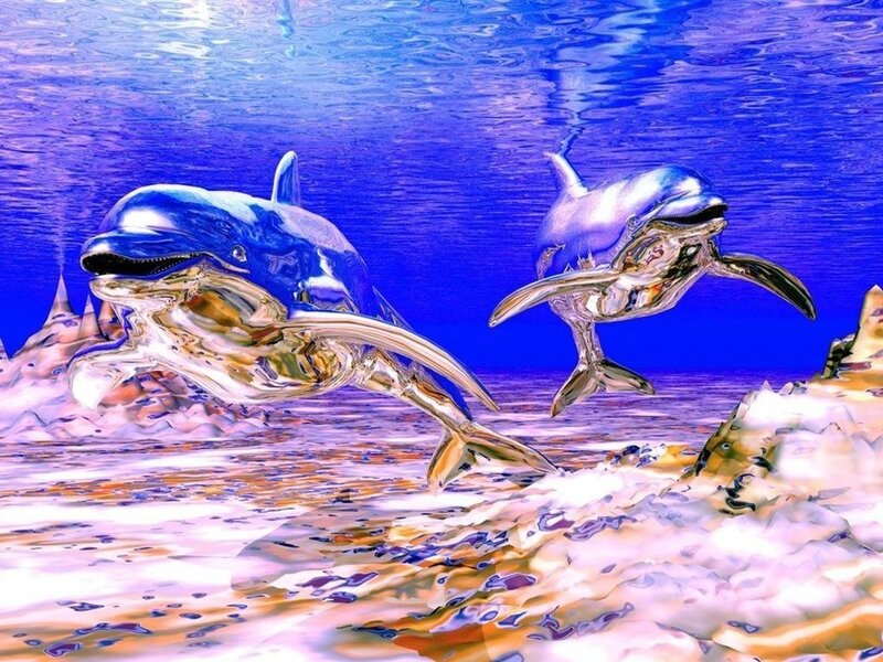 Two Dolphins Swimming — Blue, Serene, Digital Art, Underwater