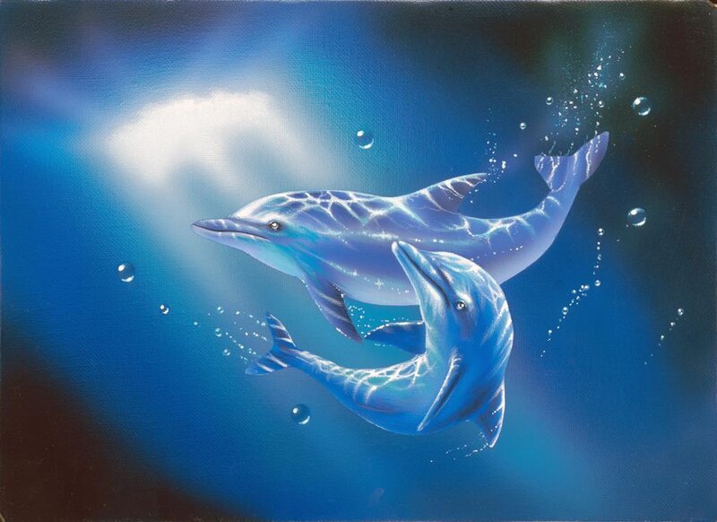 Two Dolphins Swimming — Blue, Serene, Painting