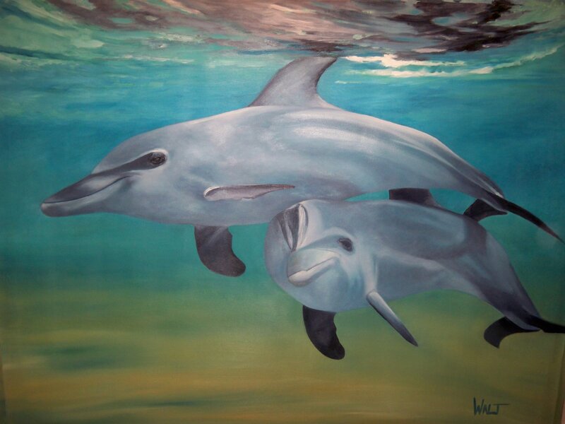 Two Dolphins Swimming — Blue, Serene