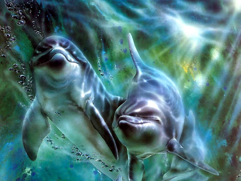 Two Dolphins Underwater — Blue, Serene, Digital Art