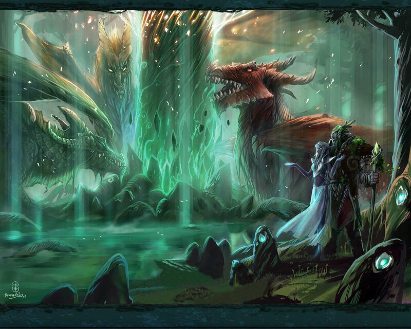 Two Dragons and Two Figures — Green, Dramatic