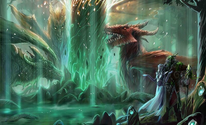 Two Dragons and Two Figures — Green
