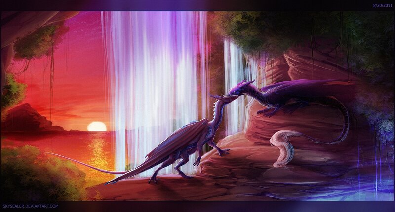 Two dragons at a waterfall