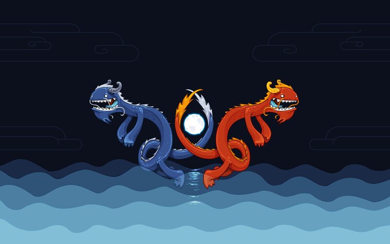 Two Dragons Chasing Moon — Blue