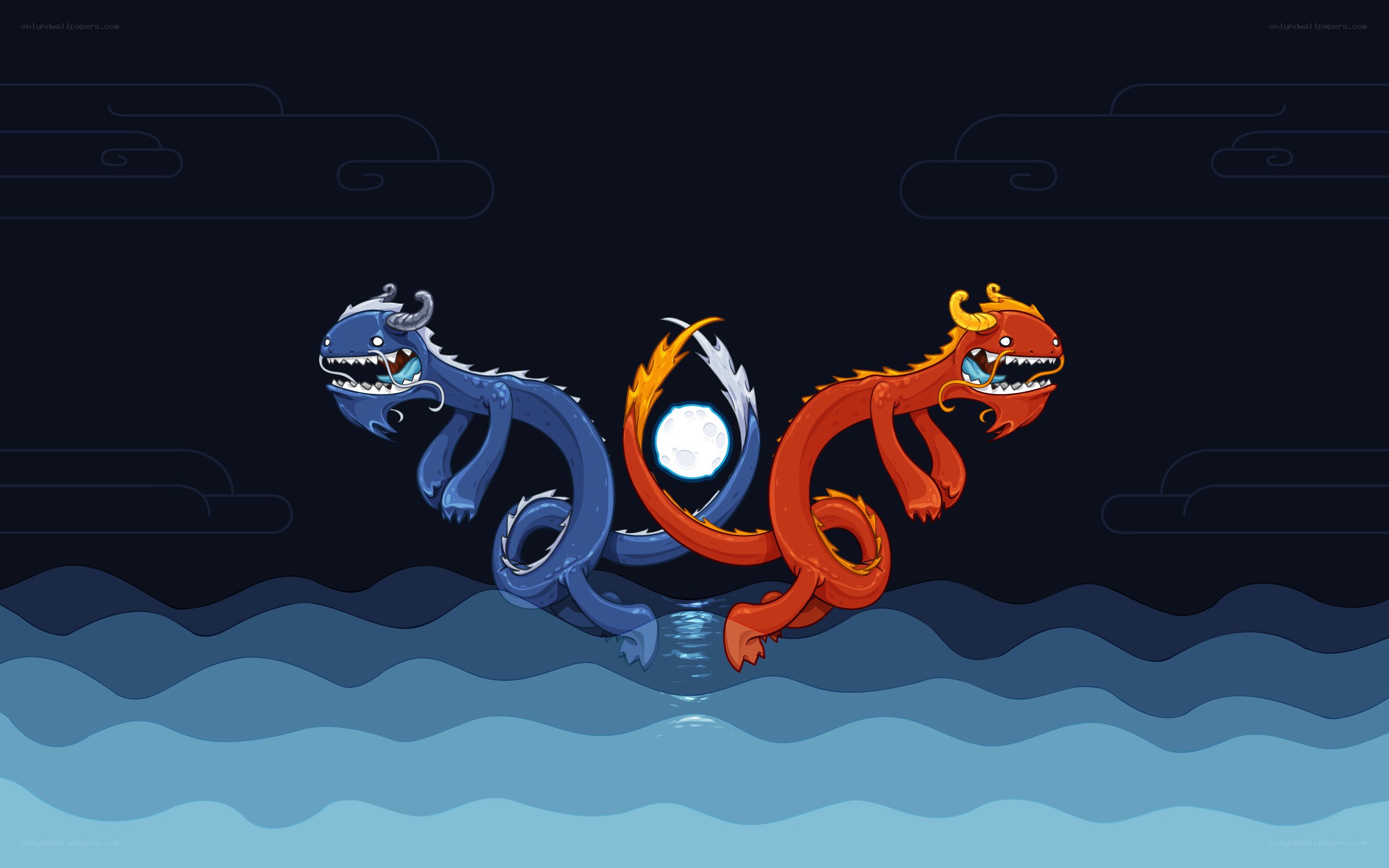 Two dragons chasing the moon
