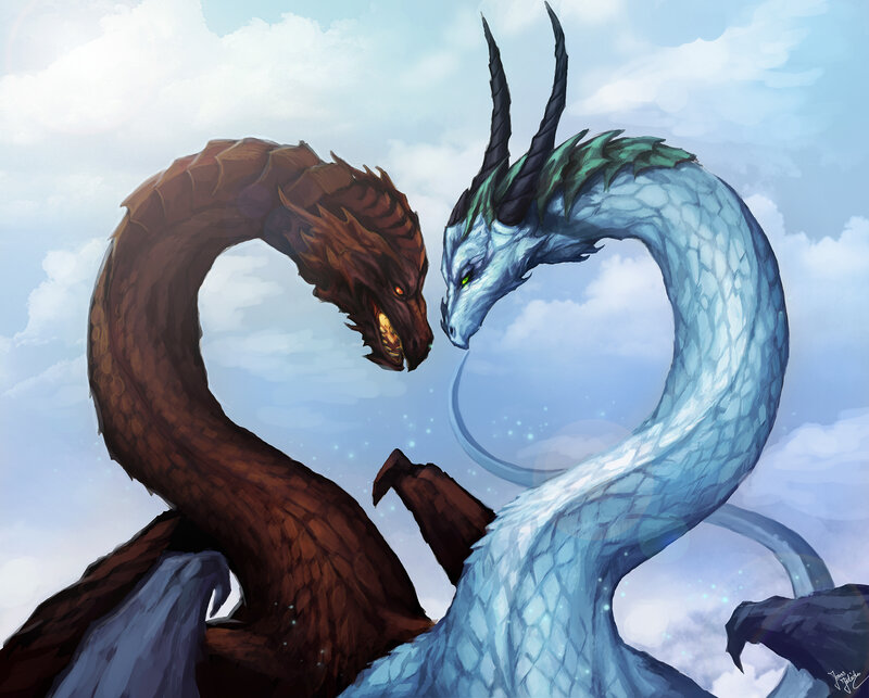 Two Dragons Facing Each Other — Blue, Dramatic